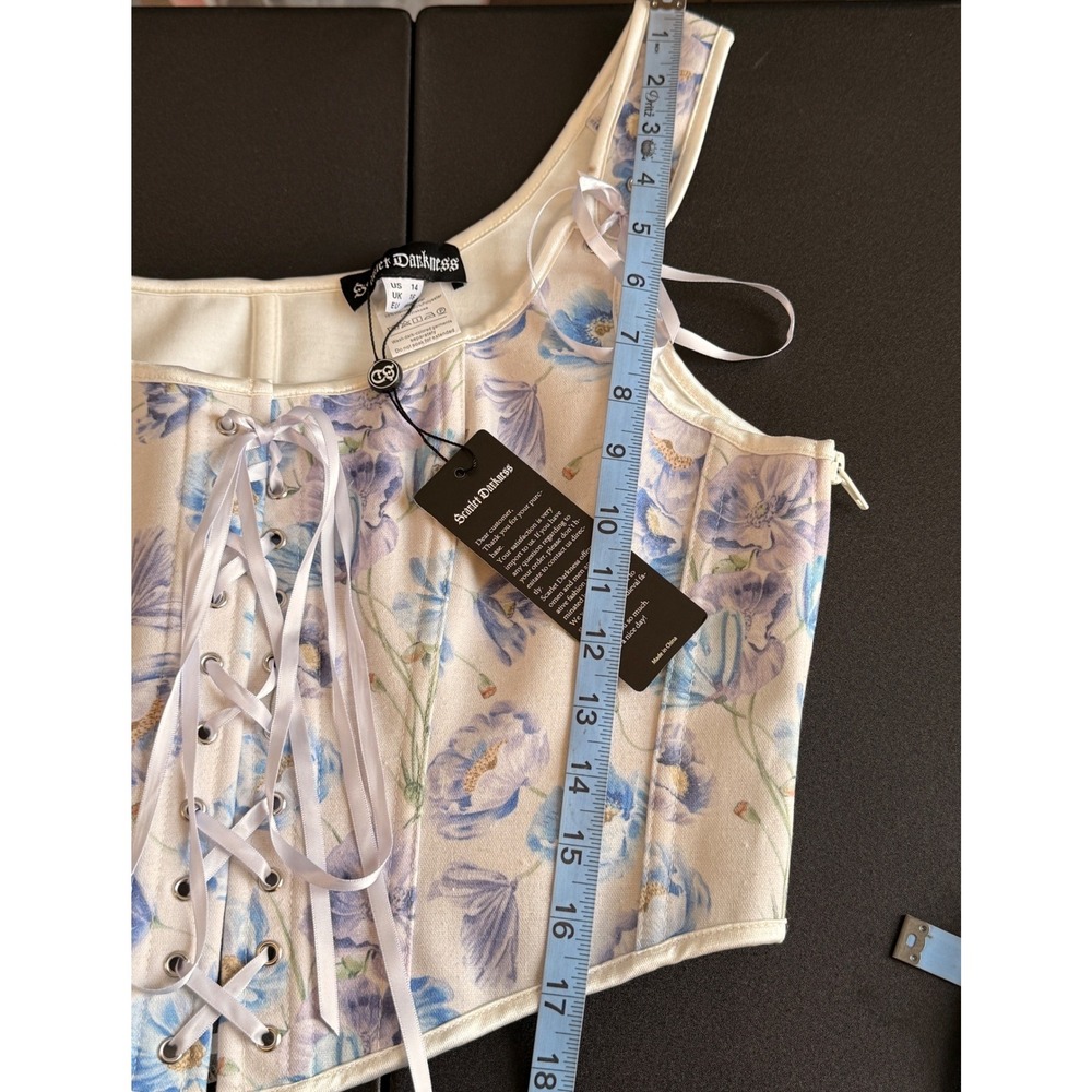 Scarlet Darkness Floral Corset Top Blue Poppy Lace Up Renaissance Cream Size 14 - Picture 12 of 12